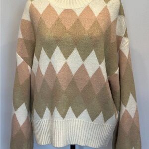Very J Argyle Crew Neck Sweater - Cream, Tan, White